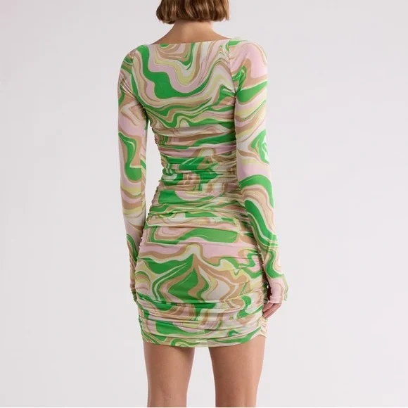 AFRM LOS ANGELES Gesine Long Sleeve Ruched Minidress in Green Swiss - Picture 2 of 11